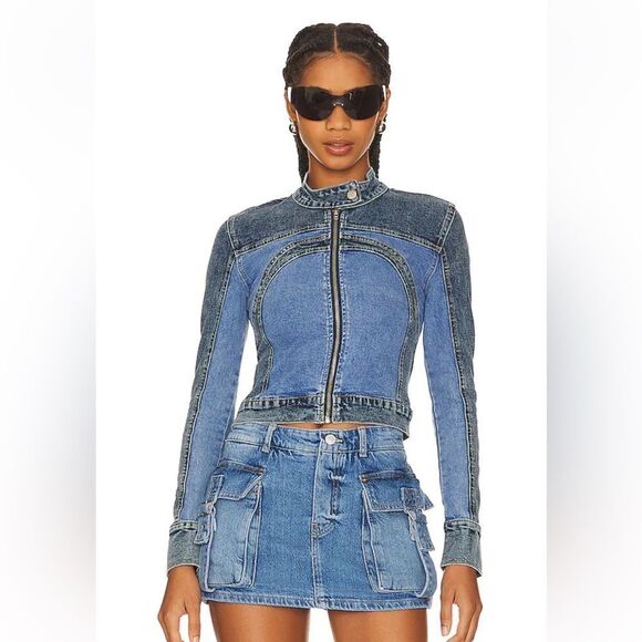 Superdown Quinn Moto Denim Jacket patchwork racer biker Revolve $94 Sz XS - Picture 1 of 12